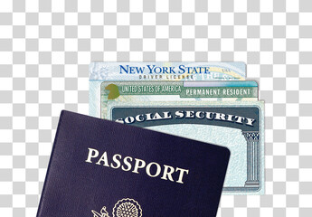 US American Passport, social security card, green card and New York City driver license on isolated...