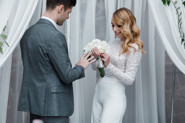 Brides exchange wedding rings at wedding ceremony