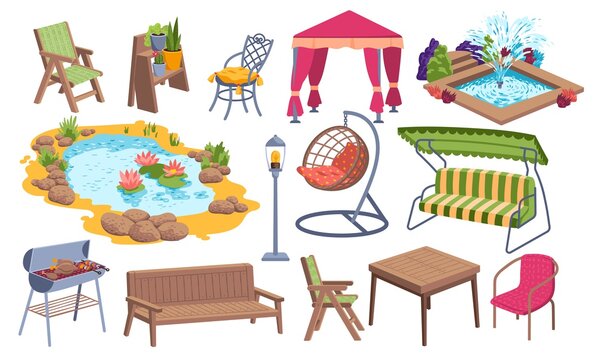 Outdoor garden furniture icon set, water pond place, bbq stuff and relaxing backyard object cartoon vector illustration, isolated on white.