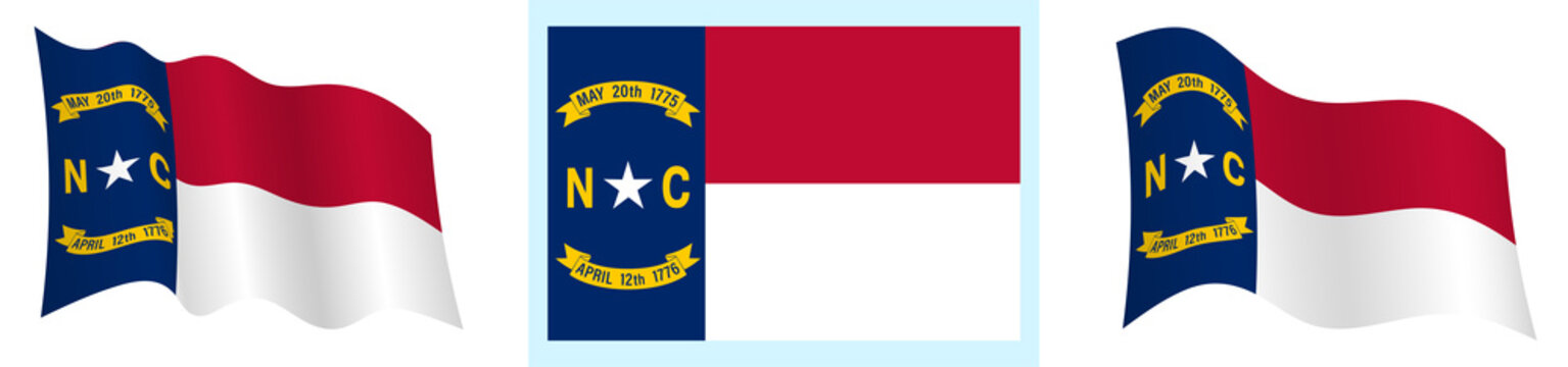 flag of american state of North Carolina in static position and in motion, fluttering in wind in exact colors and sizes, on white background