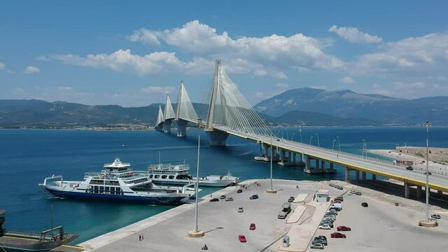 Aerial view of Rio Antirrio or Charilaos Trikoupis Bridge near Patra City, Greece