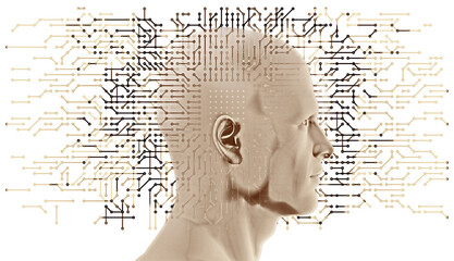 A head side profile overlaid with a computer CPU grid and various sized semi-transparent overlapping circuit board line details.