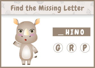 educational spelling game for kids find missing letter with a cute rhino