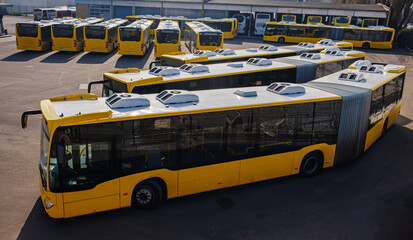 a group of yellow buses in a parking lot in berlin. local public transport