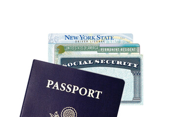US American Passport, social security card, green card and New York City driver license isolated on white background including clipping path.