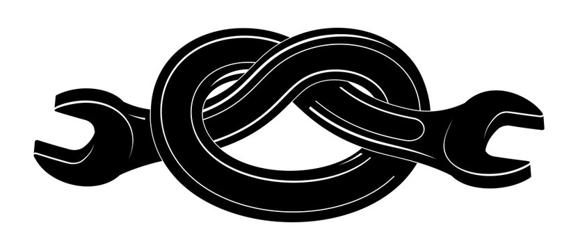 Wrench bent into a knot. Twisted spanner repair tool. Symbol of physical strength. Tattoo design isolated vector illustration.