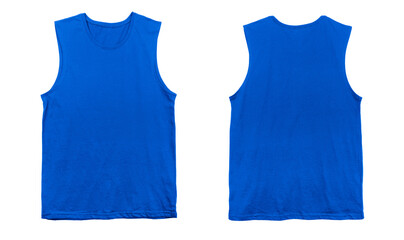 Blank muscle jersey tank top color blue front and back view on white background
