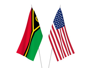 National fabric flags of America and Republic of Vanuatu isolated on white background. 3d rendering illustration.
