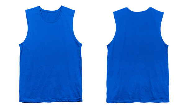 Blank Muscle Jersey Tank Top Color Blue Front And Back View On White Background
