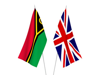 National fabric flags of Great Britain and Republic of Vanuatu isolated on white background. 3d rendering illustration.