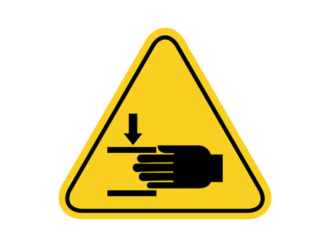 isolated watch out crushing hand, common hazards symbols on yellow round triangle board warning sign for icon, label, logo or package industry etc. flat style vector design. 