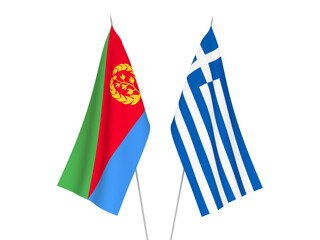 National fabric flags of Greece and Eritrea isolated on white background. 3d rendering illustration.