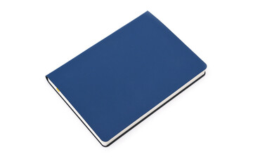 A notebook or book with a blue cover on a white background