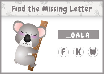 educational spelling game for kids find missing letter with a cute koala