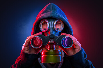 person with a gas mask using a spyglass