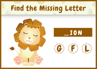educational spelling game for kids find missing letter with a cute lion