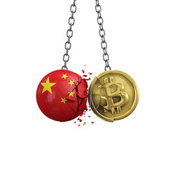 China flag smashing into a gold bitcoin crypto coin. 3D Rendering