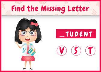 educational spelling game for kids find missing letter with a cute student girl