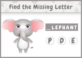educational spelling game for kids find missing letter with a cute elephant