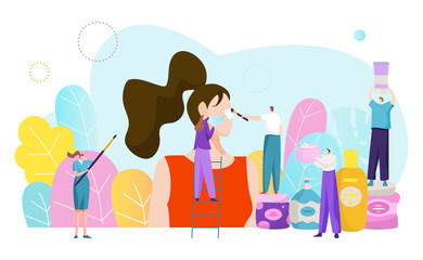 Beauty skin and health care salon, teamwork tiny character together cosmetic makeup product flat vector illustration, isolated on white.