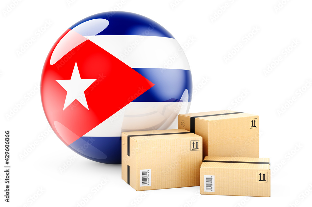 Poster parcels with cuban flag. shipping and delivery in cuba, concept. 3d rendering