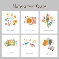 Hand drawn motivational cards. Every day to do cards. Inspirational quotes and illustrations