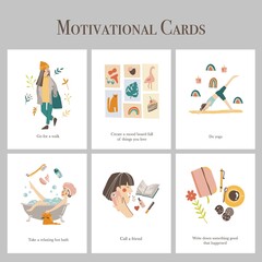 Hand drawn motivational cards. Every day to do cards. Inspirational quotes and illustrations