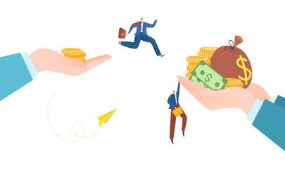Concept businessman jump from hand hold gold coin dollar, world financial banking crisis flat vector illustration, isolated on white.