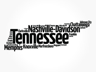 Obraz premium List of cities in Tennessee USA state, map silhouette word cloud map concept