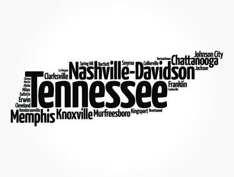 List of cities in Tennessee USA state, map silhouette word cloud map concept