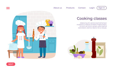 Cooking children class modern landing web banner, young chef boy culinary hat, girl hold cook stuff flat vector illustration, isolated on white.