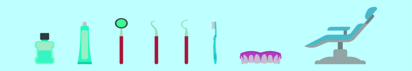 set of dentist tools cartoon icon design template with various models. vector illustration isolated on blue background