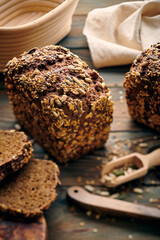 Homemade bread on dark wooden table