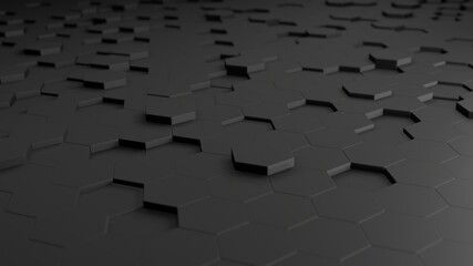 Black hexagonal geometrical structure. 3D background  illustration with focus. Shape landscape