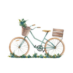 Fototapeta na wymiar Watercolor bicycle illustration. Isolated bike on white background. Summer romantic artwork