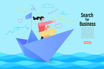 Business people are floating on a paper boat. Investments and search for business ideas. Vector illustration.