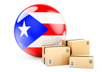 Parcels with Puerto Rican flag. Shipping and delivery in Puerto Rico, concept. 3D rendering