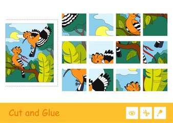 Cut and glue colorful vector puzzle template and learning children game with two hoopoes in a wood. Wild birds educational activity for kids