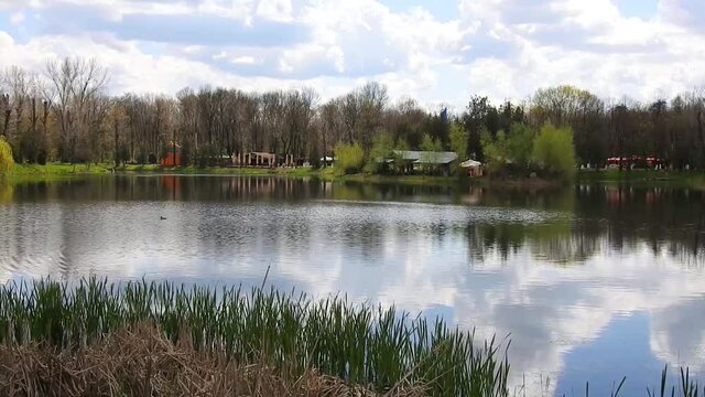 Serene landscape scene with the lake of the Constantin Stere park  , a recreational area near Ploiesti City , Romania at the beginning of spring