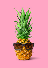 Fresh pineapple fruit with sunglasses on pink copyspace background