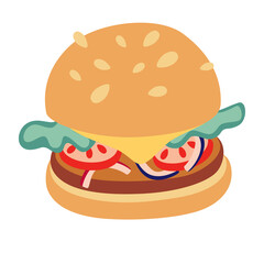 Cartoon Delicious hamburger icon. Vector drawing of a hamburger with cheese, tomatoes, lettuce, onion, cucumber and sesame seeds in a flat cartoon style. Illustration for fast food menu design.