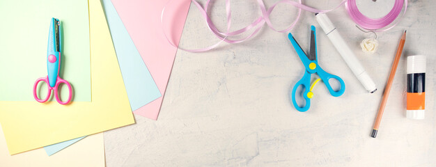 banner with DIY creativity. Step1 preparation tools colored paper, scissors, glue, pencil, ribbon, marker, flower.
