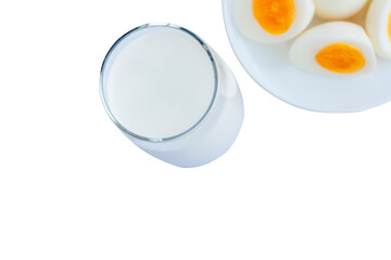 Glass of milk with boiled eggs isolated on white background. Dairy free milk substitute drink.