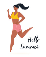 Tanned, beautiful woman in shorts to running. Summer time concept. Vector isolated illustration in flat style.