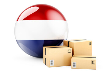 Parcels with the Netherlands flag. Shipping and delivery in Holland, concept. 3D rendering