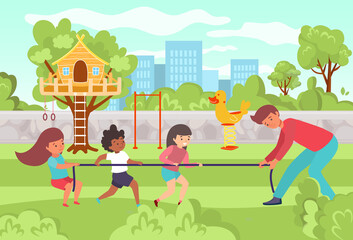 Obraz na płótnie Canvas Private kindergarten, male character teacher playing with happy children little kid, child playground flat vector illustration.