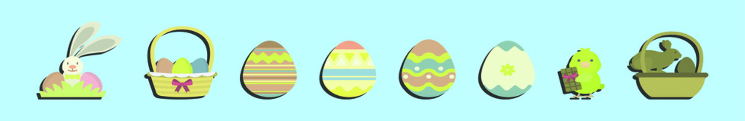 set of yellow easter chicken, bunny and egg cartoon icon design template with various models. vector illustration isolated on blue background