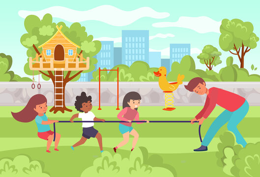 Private kindergarten, male character teacher playing with happy children little kid, child playground flat vector illustration.