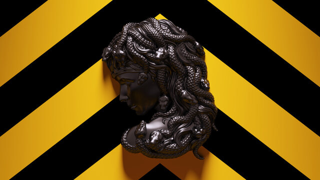 Black Medusa Mounted Bust with Yellow an Black Chevron Pattern Background 3d illustration render