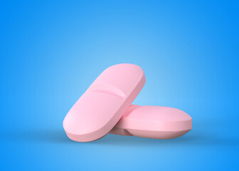 Two pink tablets on blue background, medical treatment, pharmaceutical or medication concept. 3D render illustration